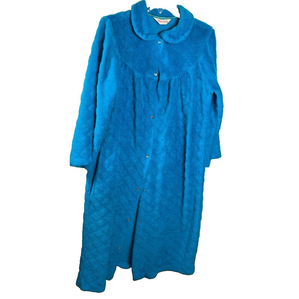 Vintage 1960s Serenity Blue Chenille Housecoat Robe Snap Front M L